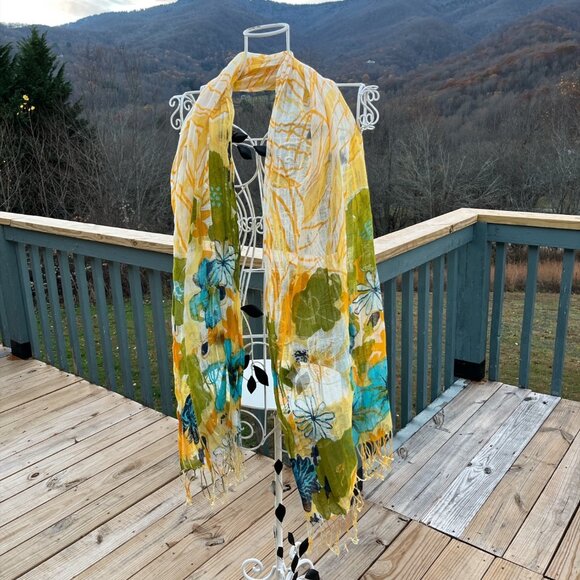 Gorgeous Floral Sheer Lightweight Scarf With Tassels In Yellow Green & Blue - Picture 1 of 7